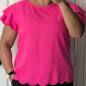 Hot Pink Blouse Short Flutter Sleeves Scalloped Bottom Edge Keyhole Button Back